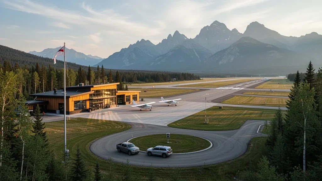 Alberta'da Rocky Mountain House Havaalanı'ndaki küçük bölgesel terminal, apron ve pist, Rocky Dağları'nın ormanlık eteklerinin altında