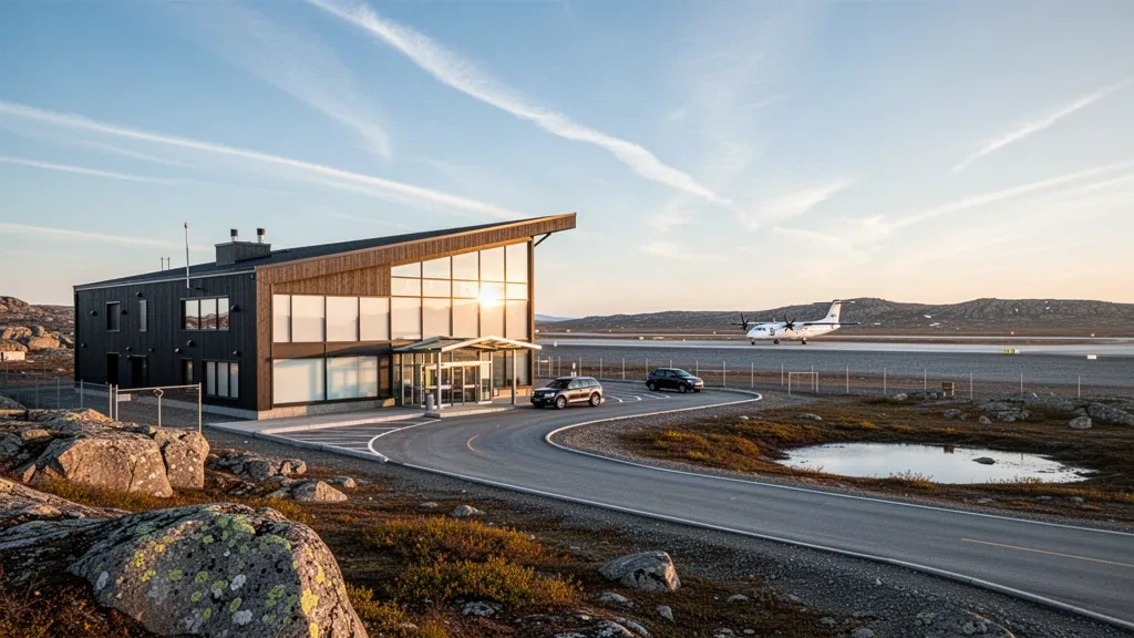 Nunavut'taki Rankin Inlet Havalimanı'nda modern kuzey terminal binasının dış görünümü; altın saatte tundra, pist ve geniş bir Arktik gökyüzü.