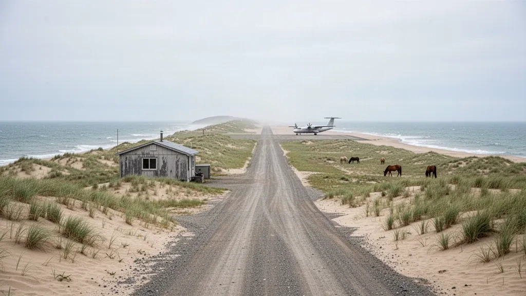 Pista in ghiaia e dune erbose nel remoto aeroporto di Sable Island in Nuova Scozia, con cavalli selvatici al pascolo sotto un cielo atlantico coperto.