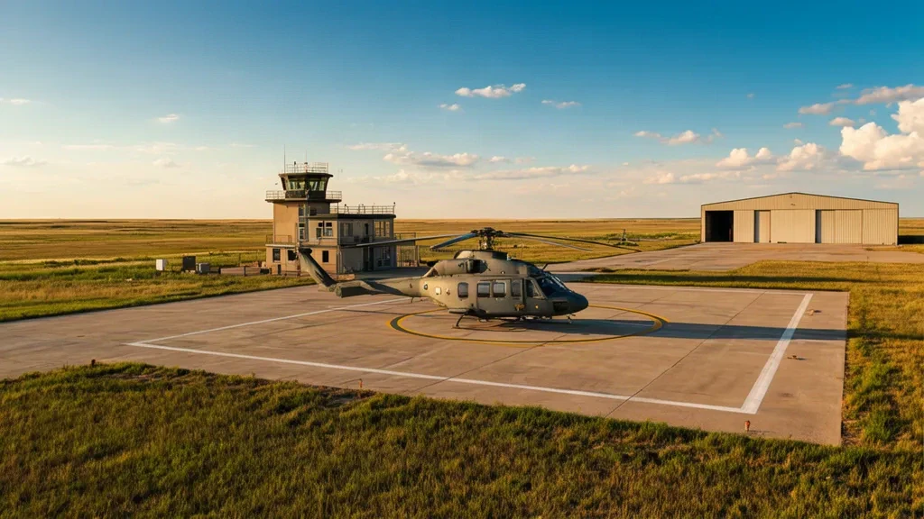 Ein Militärhubschrauber auf dem Landepad am Canadian Forces Base Suffield Heliport (YSD) in Alberta, Kanada, mit Prärielandschaft.