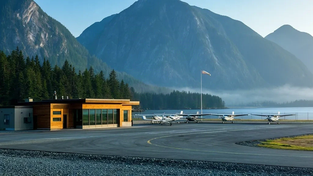 Piazzale dell'aeroporto di Squamish YSE con piccoli aerei leggeri parcheggiati e un piccolo terminal in legno sullo sfondo delle Coast Mountains della Columbia Britannica