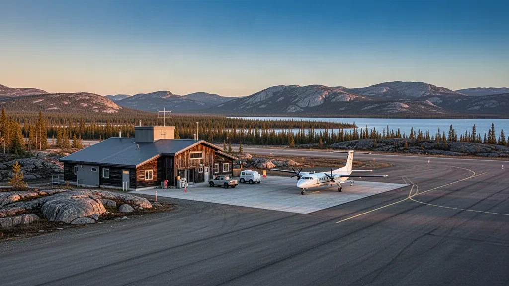 Compact northern terminal and airstrip at Lutselk'e Airport beside Great Slave Lake in the Northwest Territories at golden hour