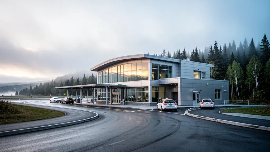 Moderne Glasfassade des Terminals am Flughafen Saint John in New Brunswick mit Bringspuren, geparkten Autos und immergrünem Wald in weichem, maritimem Licht.