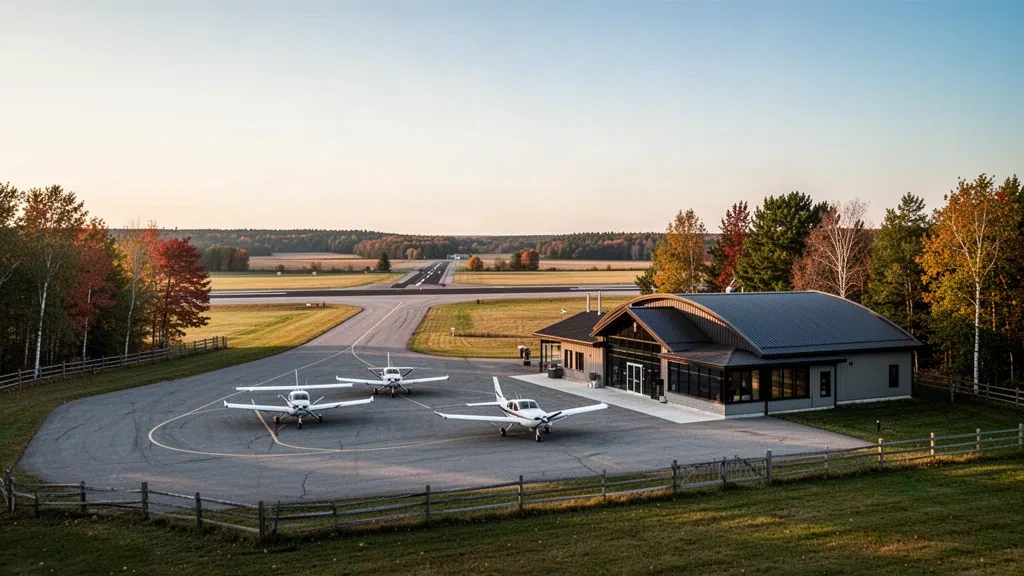 Leichtflugzeug auf dem Vorfeld neben Terminal und Hangar am Smiths Falls-Montague (Russ Beach) Airport in Ontario zur goldenen Stunde geparkt