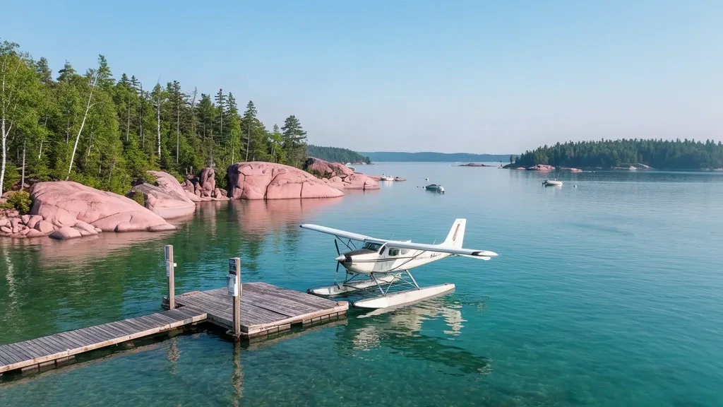 Floatplane moored at Parry Sound/Frying Pan Island-Sans Souci Seaplane Base on Georgian Bay, Ontario, with rocky islands and pine trees.
