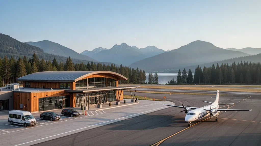 Bâtiment terminal et piste de l'aéroport régional de Shuswap près de Salmon Arm, en Colombie-Britannique, encadrés par une forêt de pins et des montagnes à l'heure dorée