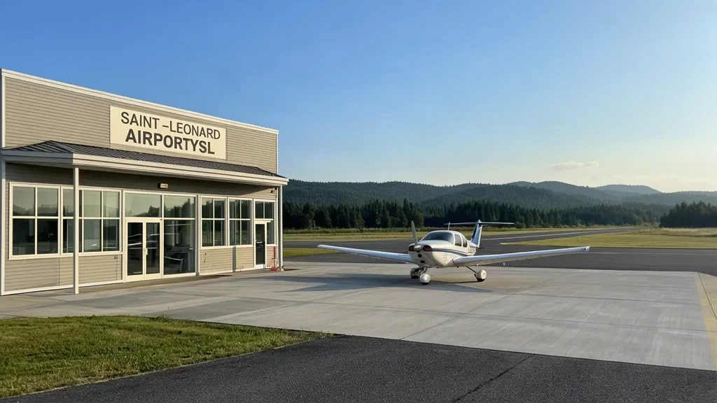 Terminal und Startbahn des Flughafens Saint-Léonard YSL in New Brunswick, Kanada, an einem klaren Tag.