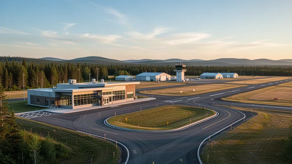 Saint-Léonard, New Brunswick'te asfalt pisti, modern terminali, bağlantı yolu ve altın saatte ormanı olan küçük kırsal havalimanı.