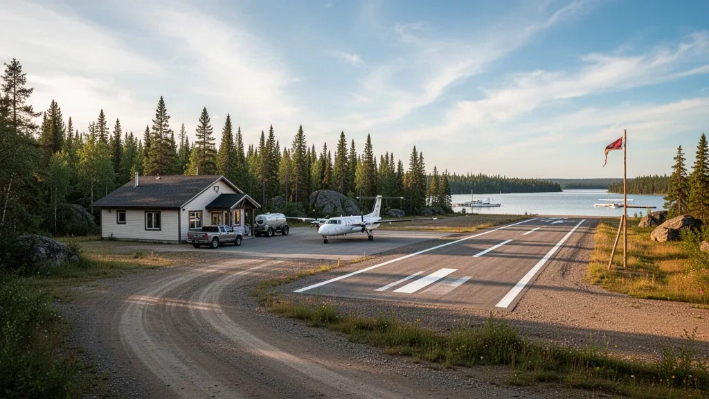 Terminal de aeropuerto remoto del norte, pista de grava y bosque boreal en St. Theresa Point, Manitoba, bajo un amplio cielo despejado de verano