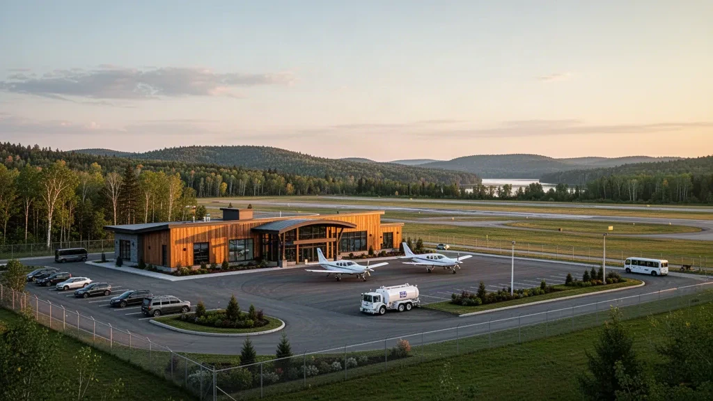 Kleines regionales Terminal und Vorfeld am Pembroke Airport in Ontario, Kanada, zur goldenen Stunde mit Wald des Ottawa Valley im Hintergrund.