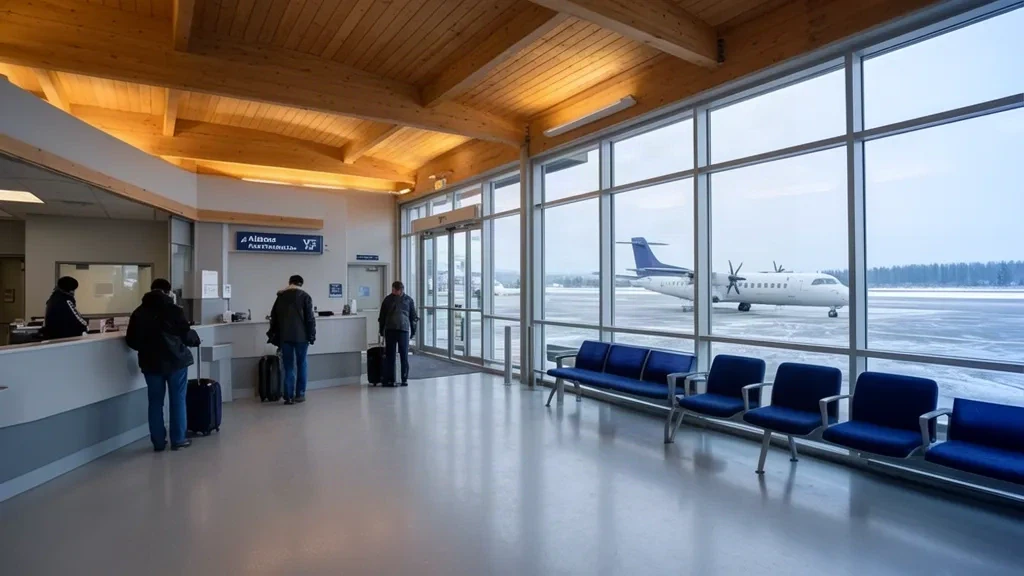 Interior de la terminal del aeropuerto de Alma YTF en Quebec, con la sala de facturación, grandes ventanales y viajeros con equipaje