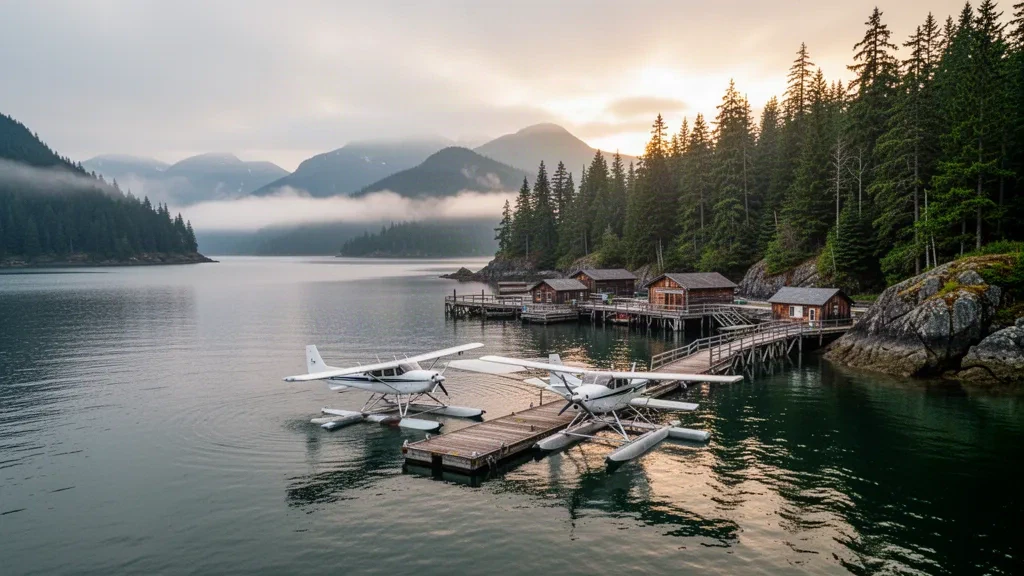 Hydravion amarré à un quai flottant en bois à Sullivan Bay, en Colombie-Britannique, avec des îles boisées et des montagnes côtières brumeuses à l'aube