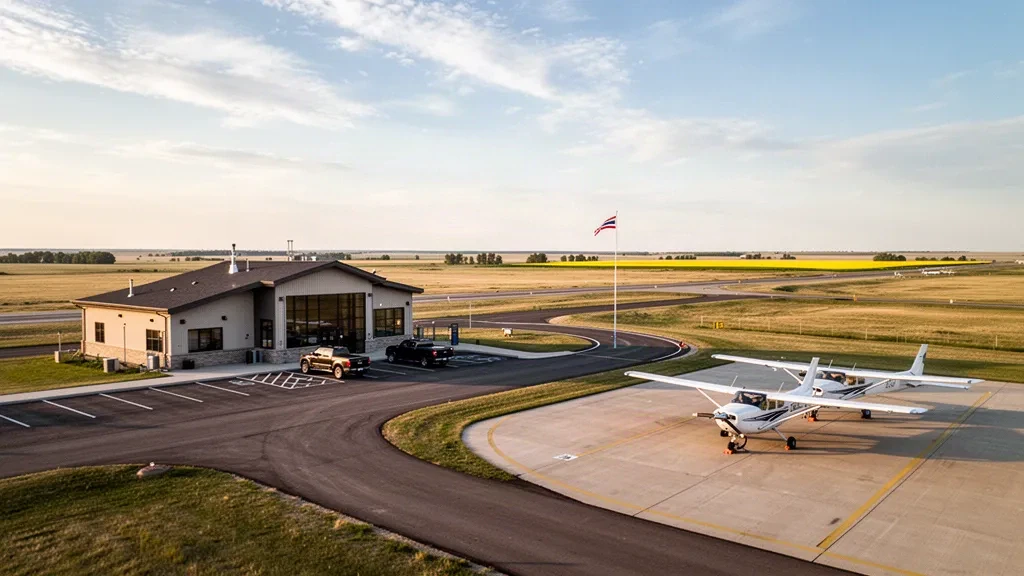 Piccolo edificio terminale della prateria e piazzale aeromobili all'aeroporto di Tisdale in Saskatchewan sotto una calda luce dell'ora d'oro