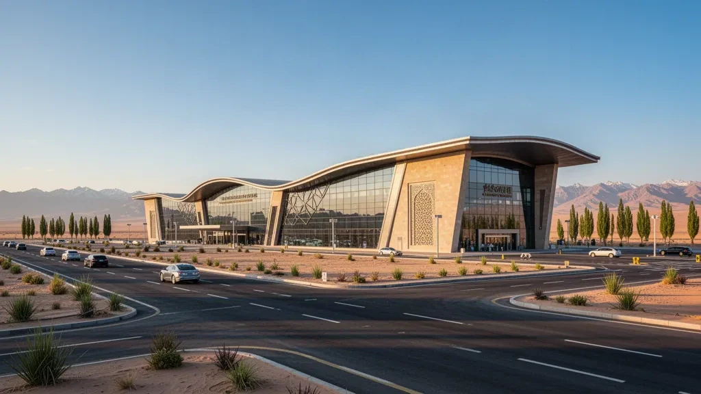 Exterior de una terminal moderna en el aeropuerto de Yutian Wanfang, en Xinjiang, con paisaje desértico, vía de acceso y luz dorada del atardecer.