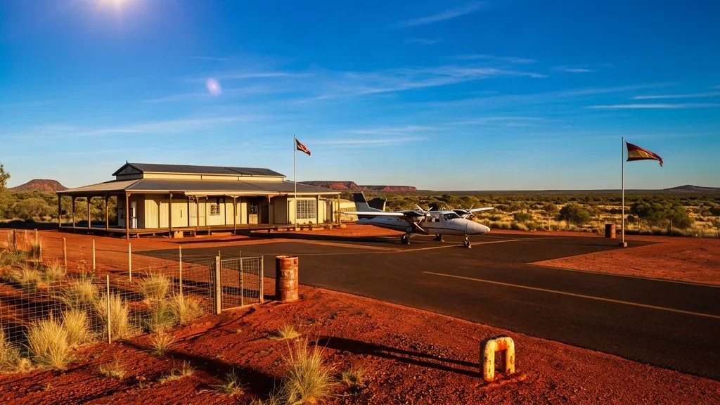 Petit terminal isolé et aire de trafic ombragée à l'aéroport de Yuendumu dans l'outback du Territoire du Nord en Australie