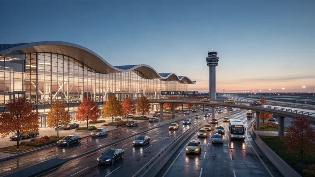 Extérieur de l'aéroport international Montréal-Trudeau à l'heure bleue avec son terminal de verre, sa route de dépose incurvée et ses arbres d'automne