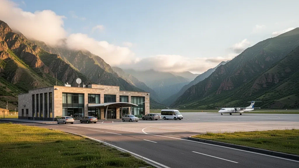 Kapan, Ermenistan yakınlarındaki Syunik Havalimanı'nda modern terminal ve indirme şeridi, altın saatte yeşil dağ sırtlarıyla çevrili
