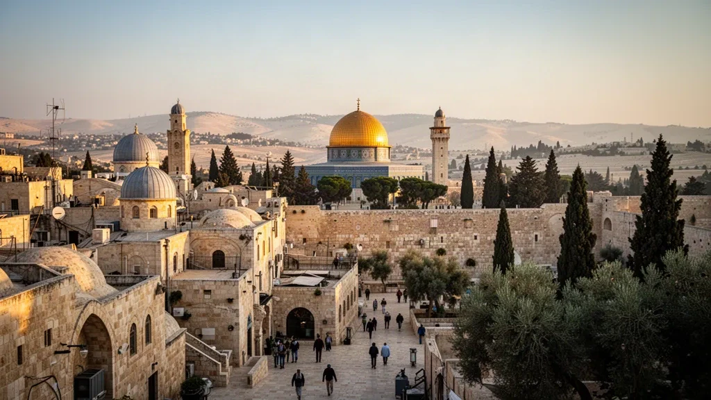 Golden-hour view over Jerusalem's Old City rooftops toward the Dome of the Rock, with sunlit limestone domes and hazy Judean hills beyond