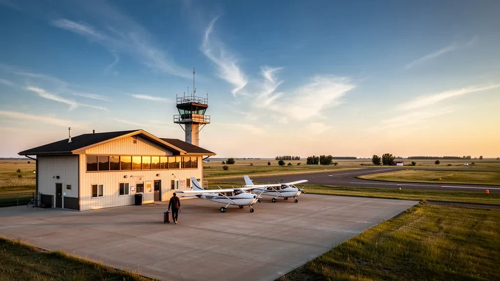 Vista a la hora dorada de la pequeña terminal de pradera del Aeropuerto de Vermilion, la plataforma y aviones ligeros en Alberta, Canadá