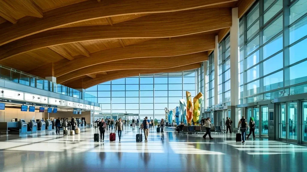 Des voyageurs traversent l'intérieur lumineux et moderne du terminal de l'aéroport international de Vancouver YVR, avec une architecture en bois et de grandes fenêtres.