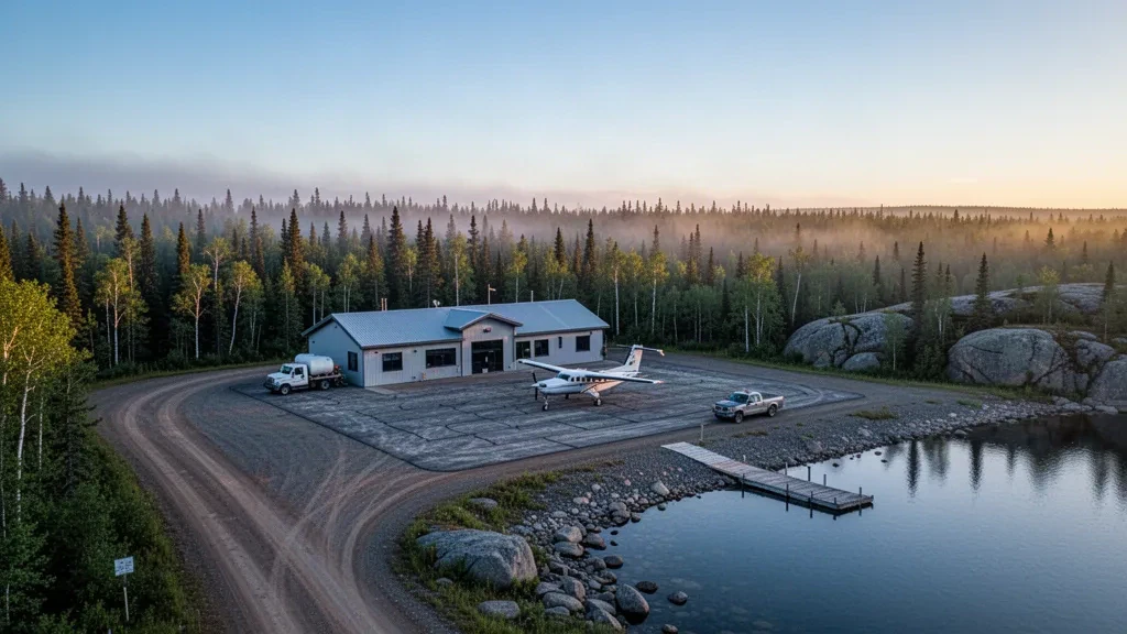Bâtiment terminal de l'aéroport isolé de Deer Lake et aire de trafic d'aéronefs entourés de forêt boréale et d'un lac nordique en Ontario au lever du soleil