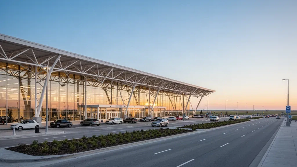 Moderne Glasfassade des Terminals am Winnipeg James Armstrong Richardson International Airport zur goldenen Stunde, mit klarem Raum für Overlays auf Reiseseiten.