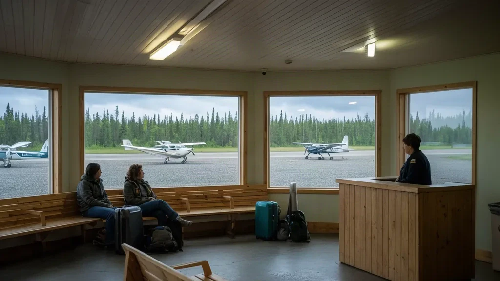 Interno del terminal dell'Aeroporto di Deer Lake (YVZ) in Ontario, Canada, con panche in legno e grandi finestre affacciate su una pista nella foresta boreale.
