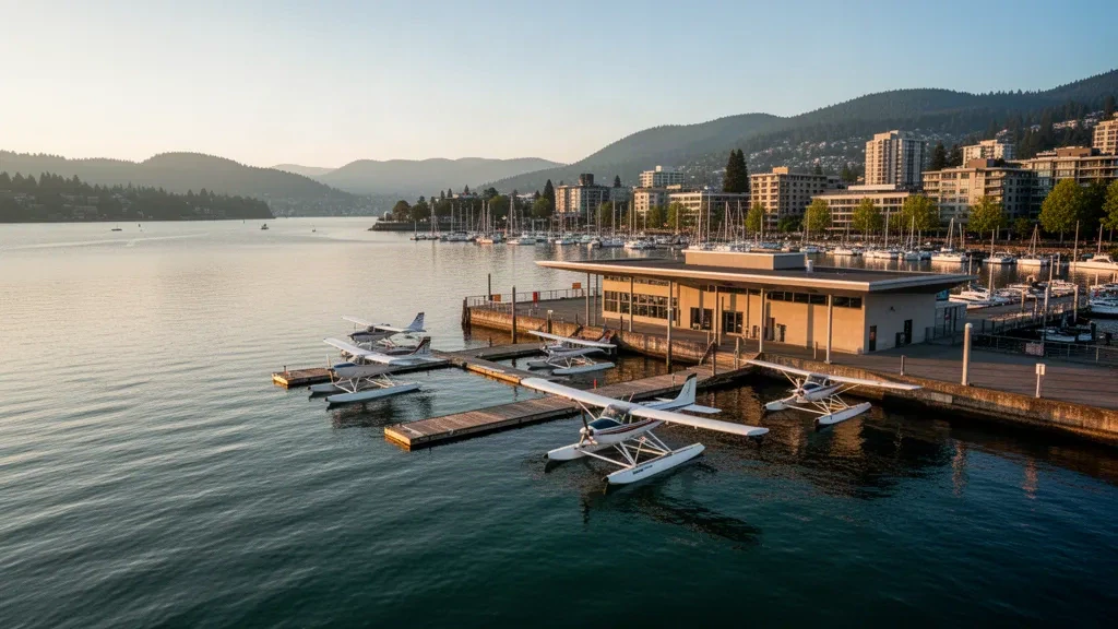 Wasserflugzeuge an den schwimmenden Docks der Wasserflugzeugbasis im Inner Harbour von Victoria in British Columbia zur goldenen Stunde