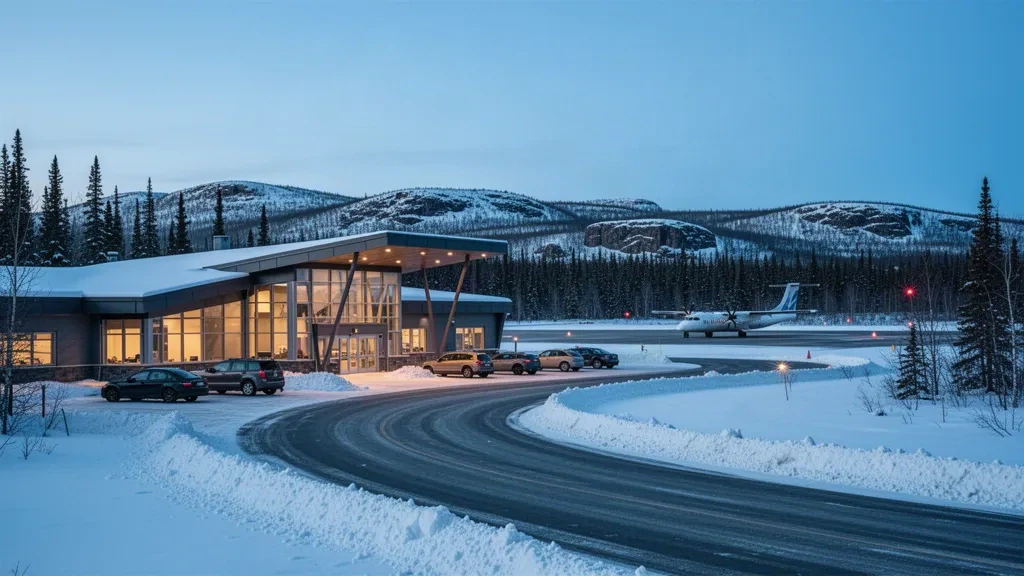 Small regional airport terminal and snow-cleared drop-off lane in Wabush, Labrador, with boreal forest and a parked turboprop under cold winter light.