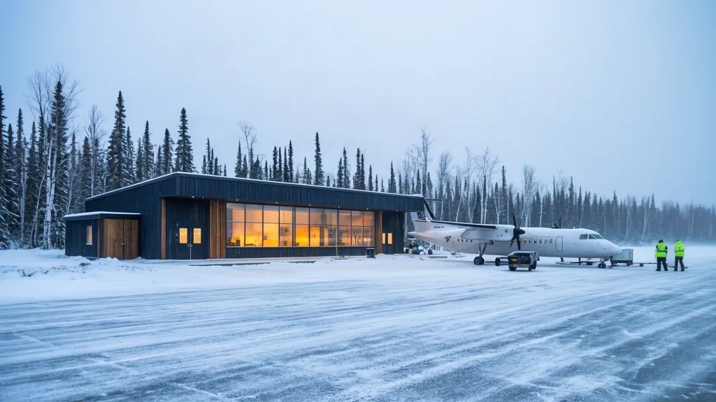 Terminal YWK dell'Aeroporto di Wabush nella neve del Labrador, Canada, con un turboelica sull'apron nella fredda luce invernale