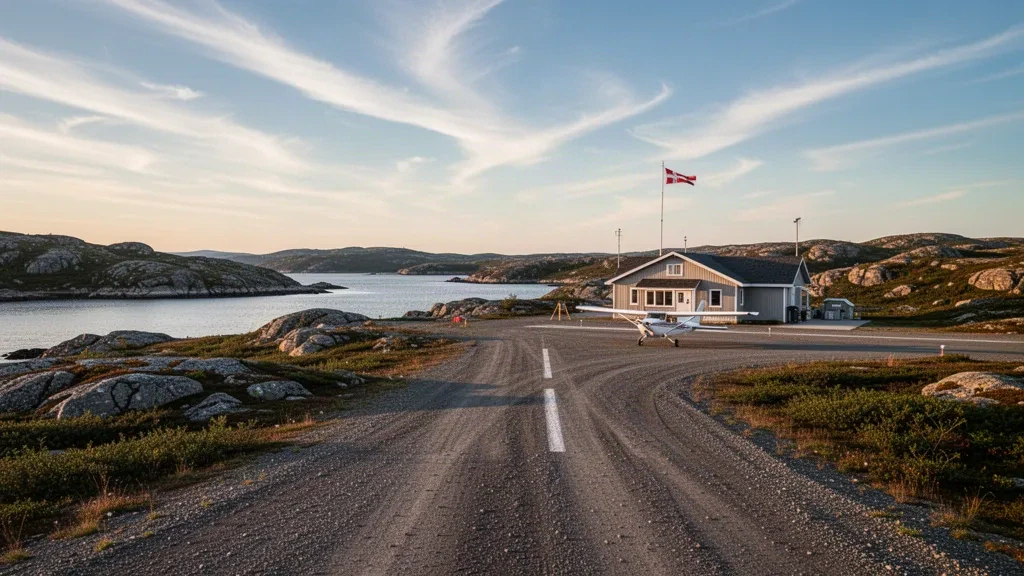 Kanada'nın Labrador kıyısındaki Williams Harbour Havalimanı'nda yumuşak sabah ışığı altında çakıl pist ve küçük terminal binası.