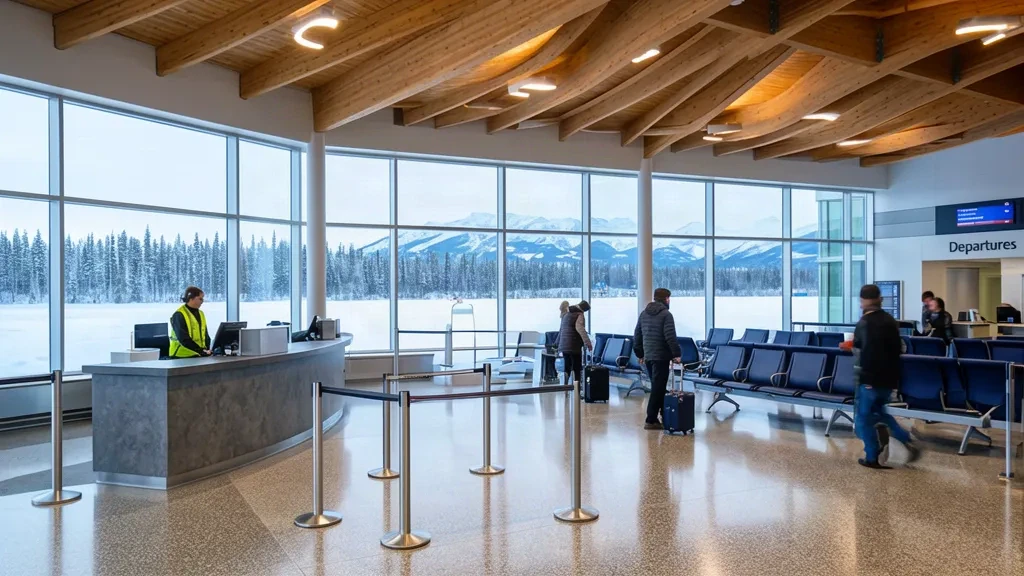 Interior de la terminal del Aeropuerto Regional North Peace en Fort St. John, Columbia Británica, con mostradores de registro, techos de madera y luz invernal