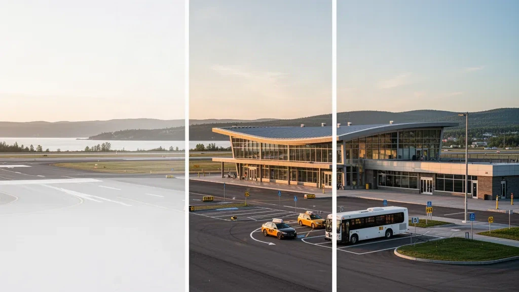 Edificio terminal moderno del aeropuerto de Rimouski, en Quebec, Canadá, con una pista despejada y el paisaje de los alrededores bajo un cielo luminoso.