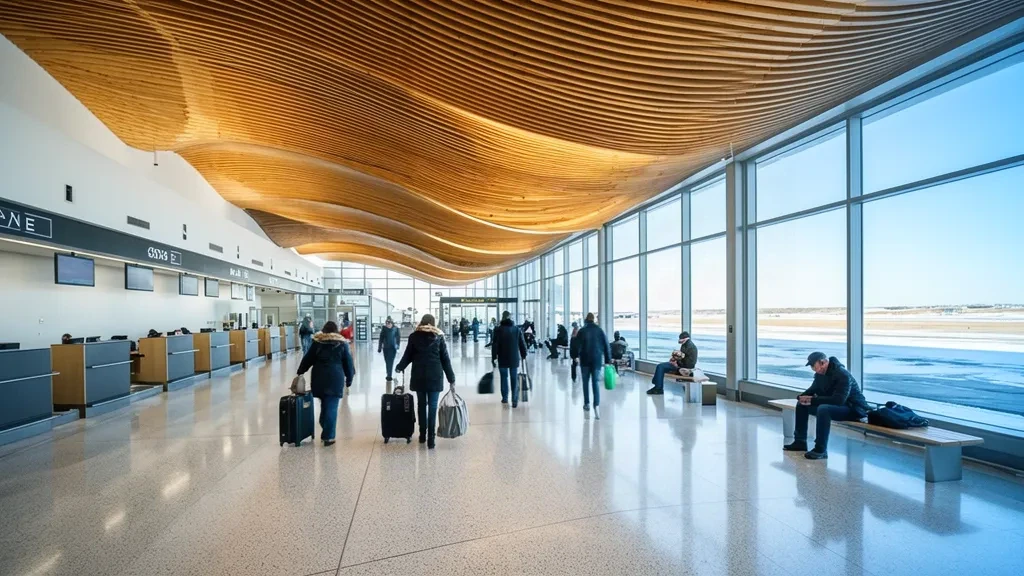Voyageurs avec bagages à roulettes traversant l'intérieur lumineux et moderne du terminal de l'aéroport international Saskatoon John G. Diefenbaker