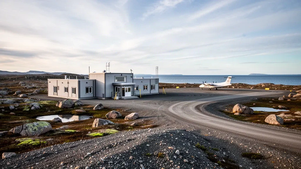 Pequeña terminal de aeropuerto remoto del Ártico y plataforma de grava en Whale Cove, Nunavut, con tundra abierta y la bahía de Hudson más allá