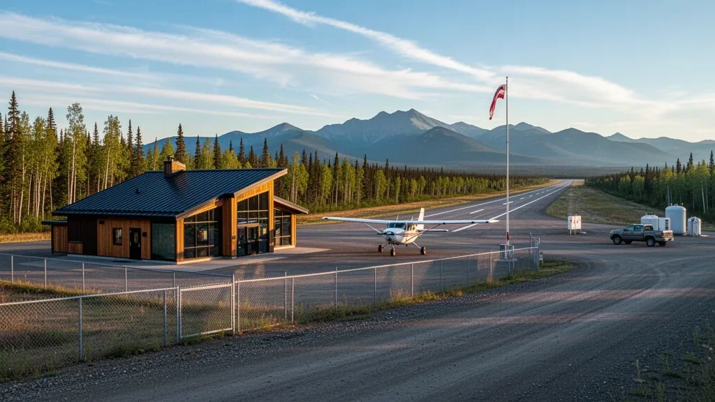 Petit terminal nordique et piste de l'aéroport de Beaver Creek au Yukon, entourés de forêt boréale et de montagnes à l'heure dorée.