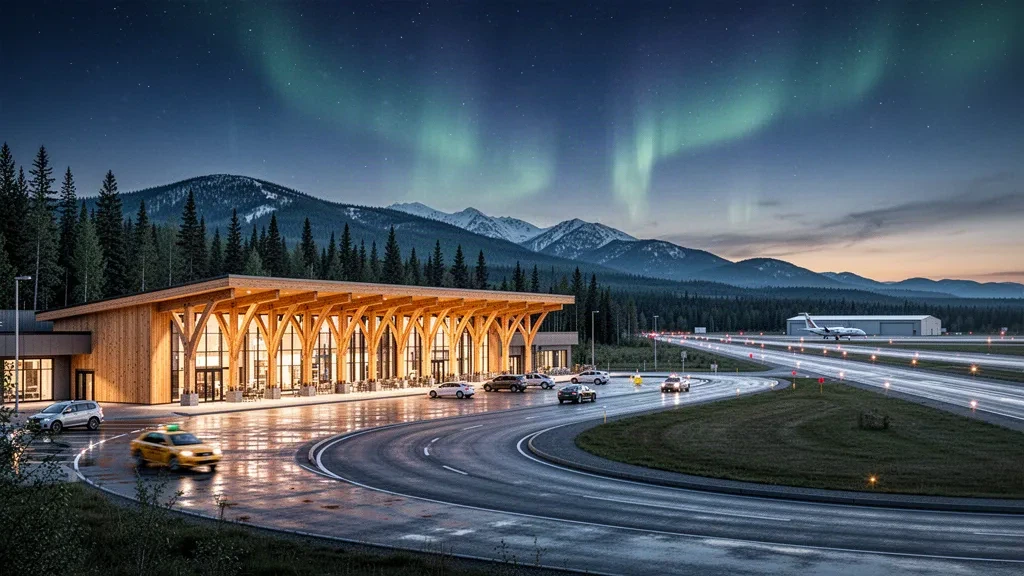 Moderno terminal aeroportuale in legno e vetro a Prince George, Columbia Britannica, al crepuscolo, con foresta, luci della pista e una corsia di sosta aperta