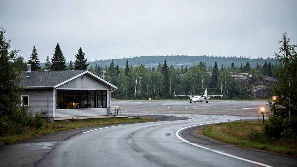 Regional airport terminal in Wawa, Ontario, framed by boreal forest under soft northern daylight