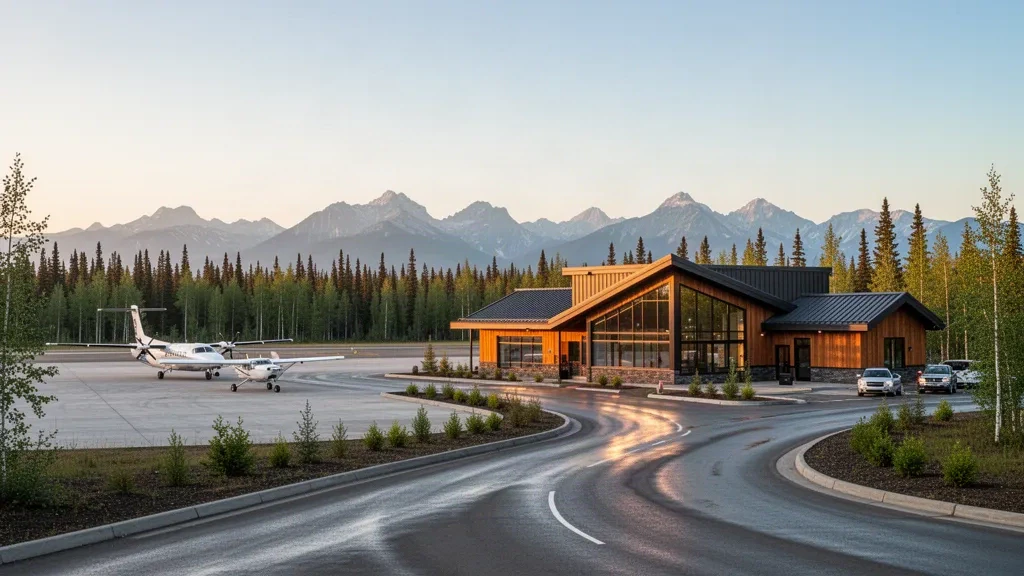 Esterno del terminal e piazzale dell'aeroporto di Fort Nelson in Columbia Britannica, circondati dalla foresta boreale e dalle montagne settentrionali in lontananza