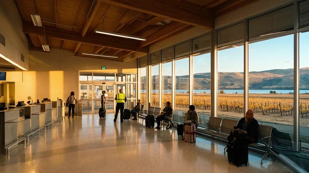 Britanya Kolumbiyası'ndaki Penticton Regional Havalimanı terminalinde bagajlarıyla yolcular, pencerelerin ötesinde güneşle aydınlanan Okanagan tepeleri