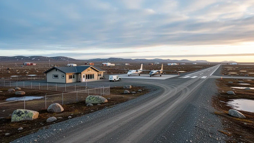 Remote gravel runway and small terminal at Taloyoak Airport in Nunavut under a vast Arctic sky