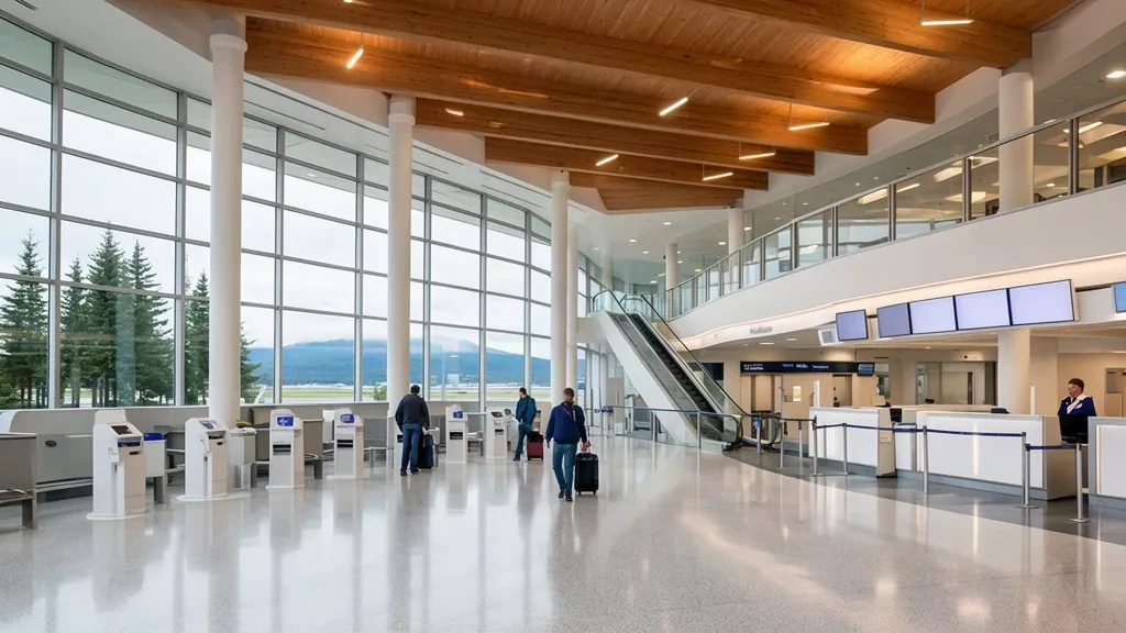 Interior luminoso y moderno de la terminal del Aeropuerto Internacional de Victoria YYJ con viajeros en los mostradores de check-in y paredes de vidrio