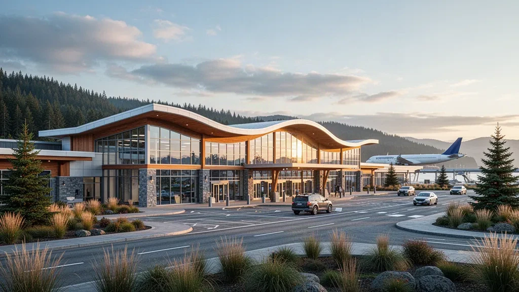 Esterno moderno del terminal con pareti in vetro all'Aeroporto Internazionale di Victoria, con corsie per la sosta e alberi sempreverdi nella luce dorata del tramonto.