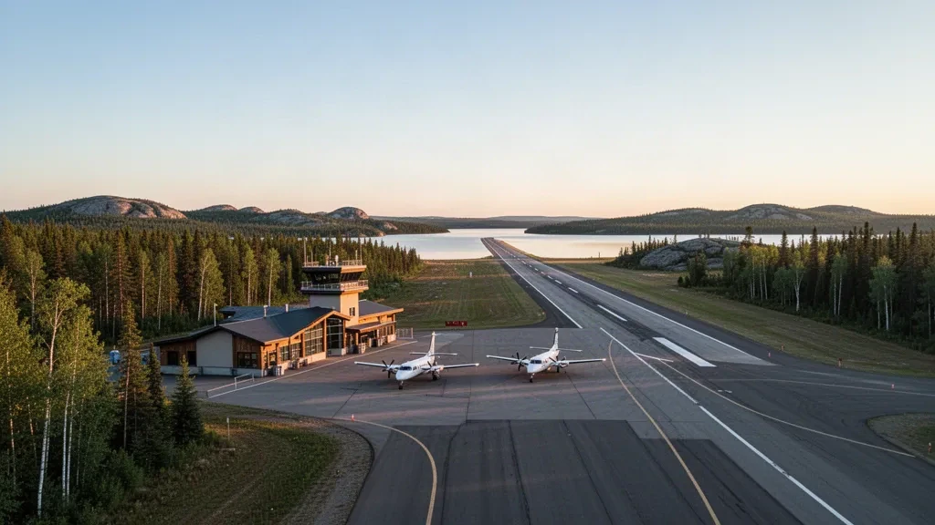 Small regional airport terminal and runway surrounded by boreal forest near Armstrong, Ontario at golden hour