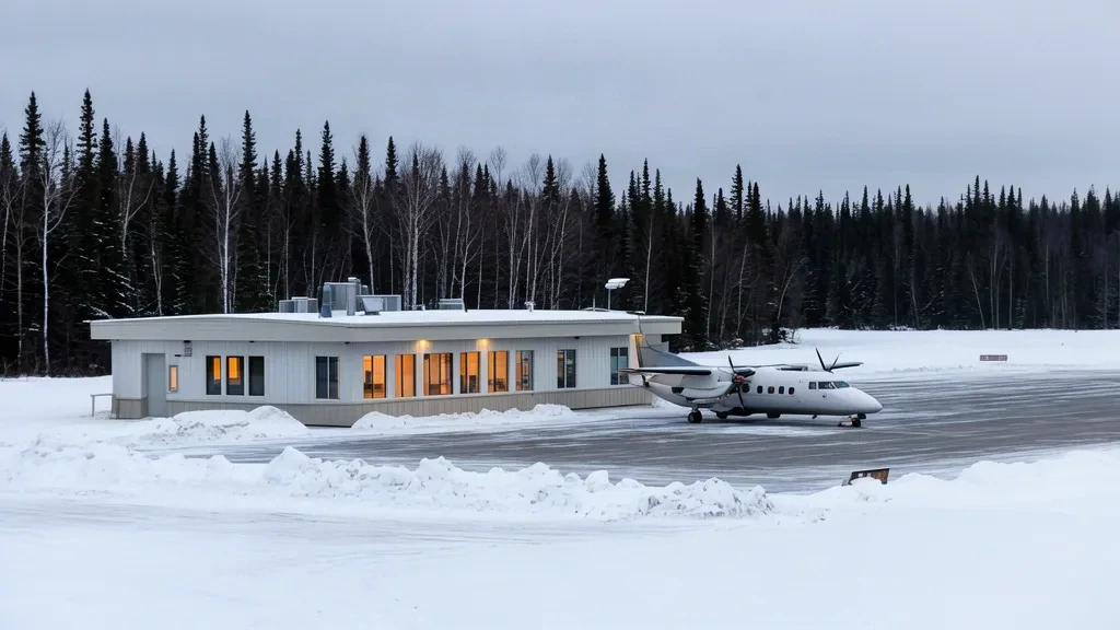 Kleines Regionalflughafenterminal am Flughafen Kapuskasing YYU im verschneiten Norden Ontarios mit einem Turboprop-Flugzeug auf dem Vorfeld