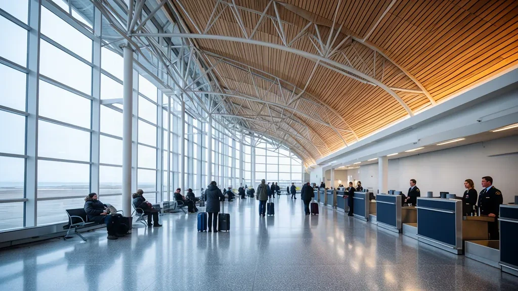 Intérieur lumineux du hall des départs à l'aéroport international de St. John's YYT avec des voyageurs aux comptoirs d'enregistrement et de grandes fenêtres vitrées