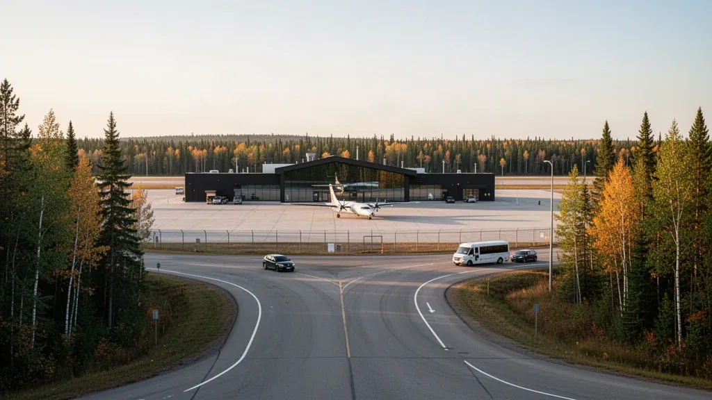 Terminal d'aéroport régional de faible hauteur à Kapuskasing, dans le Nord de l'Ontario, entouré de forêt boréale le long d'une large route d'accès dans une douce lumière matinale