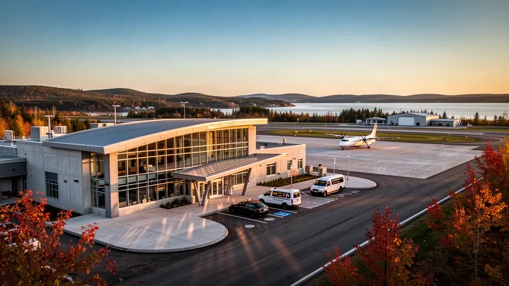 Mont-Joli, Quebec'te altın saatlerde modern bölgesel havalimanı terminali; apron, pist ve uzakta St. Lawrence Nehri görülüyor