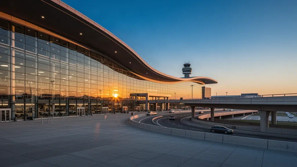 Exterior de la terminal del aeropuerto internacional Toronto Pearson a la hora dorada con arquitectura de cristal y carriles curvos de descenso