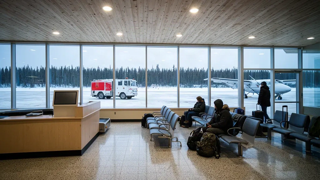 Innenbereich des Terminals des Slave Lake Airport in Alberta mit Check-in-Schalter, Sitzbereich und verschneitem Vorfeld, das durch große Fenster sichtbar ist